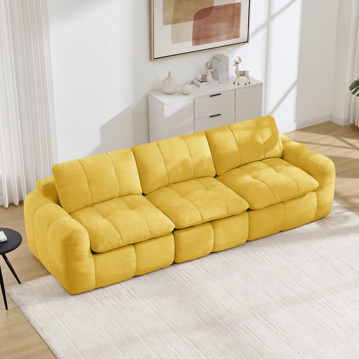 Modulaire 3-Zitsbank, 3-Zits Frameloze Modulaire Bank Met Ruitvormig Doorgestikt Patroon, Huidvriendelijke Chenille Bekleding, Ergonomische, Verdikte Zit- En Rugkussens, Comfortabel Om Langdurig Op Te Zitten, Geen Montage Nodig-Geel