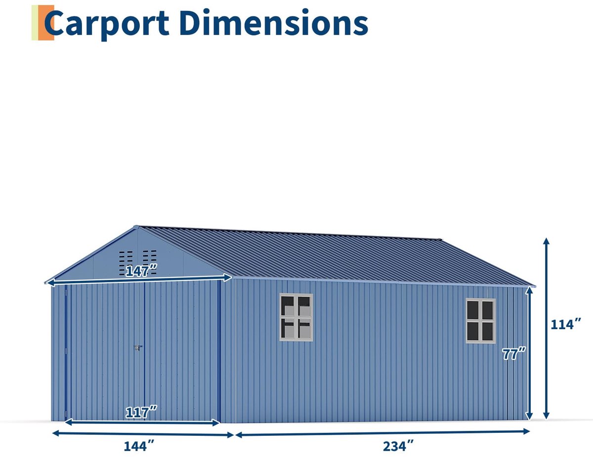 Triumpunpre Metalen Carport 12x20 FT - Auto Overkapping 3.77x6.09x2.70m - Vrijstaande Garage met Dubbele Scharnierende Deur - 4 Lichtstraten - Weerbestendige Stalen Constructie - voor Auto, caravan, Motor, Camper