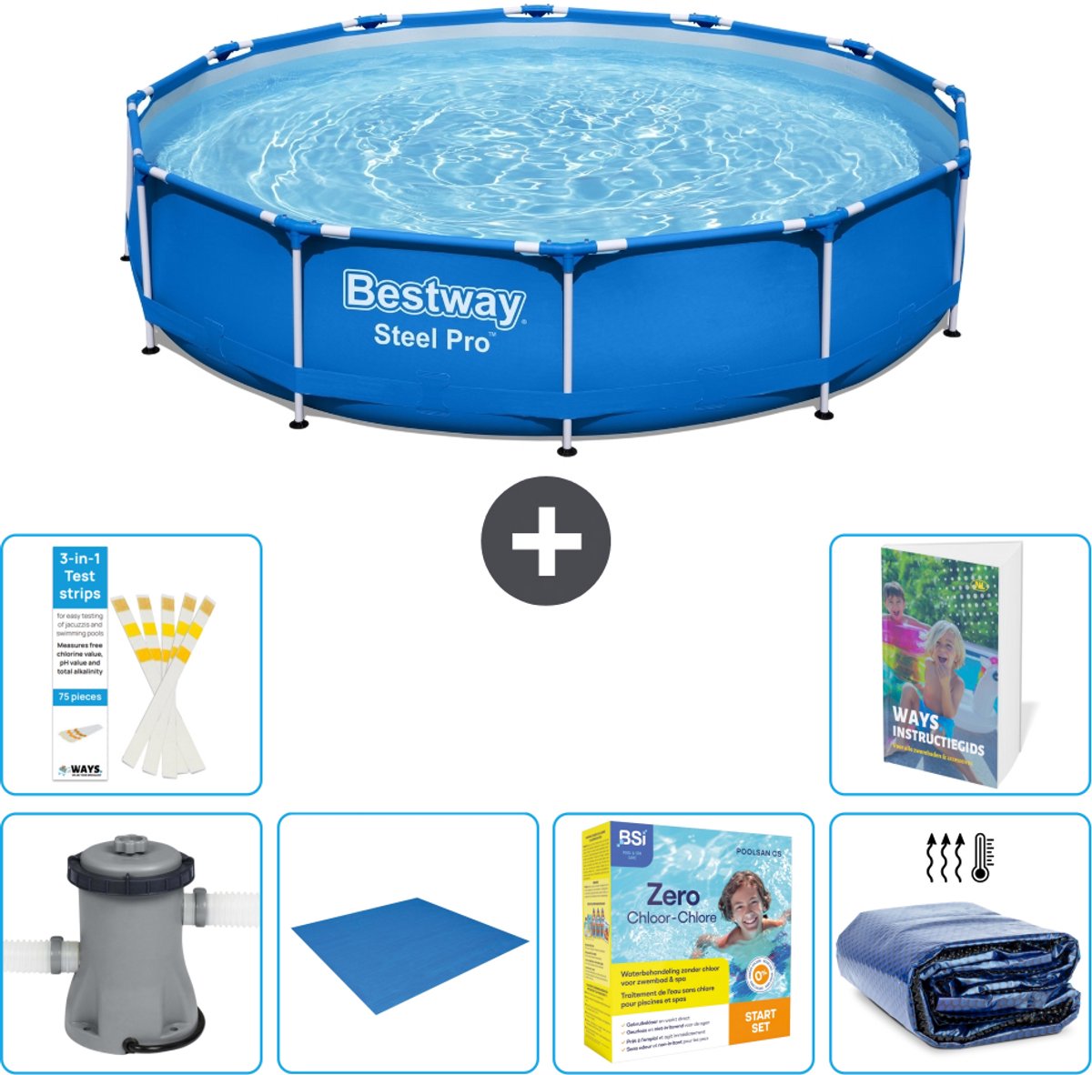 Bestway Rond Steel Pro Zwembad - 366 x 76 cm - Blauw - Inclusief Pomp - Grondzeil - Onderhoudspakket - Solarzeil - 7-delig