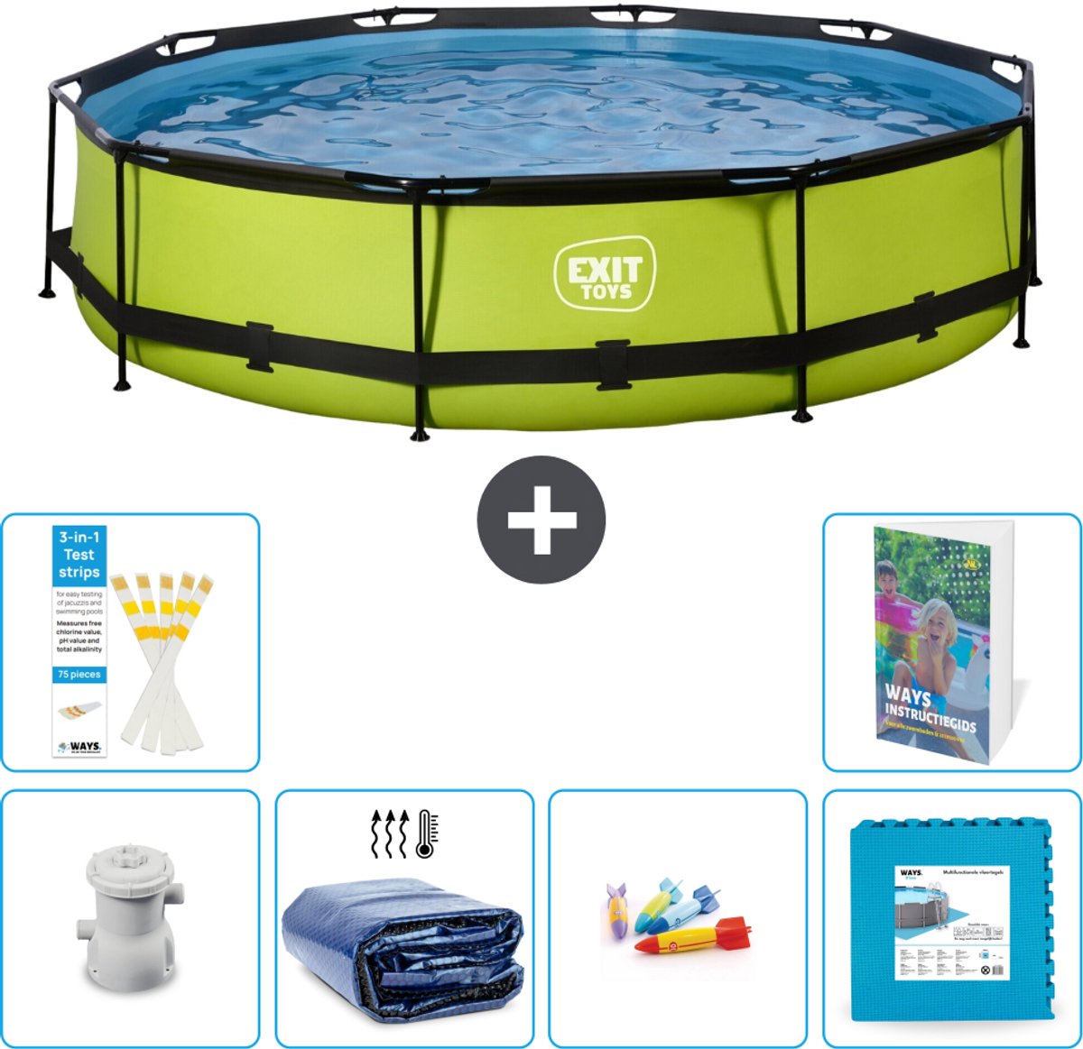 EXIT Rond Lime Frame Zwembad - 360 x 76 cm - Inclusief Pomp - Solarzeil - Speelgoed - Vloertegels - 7-delig