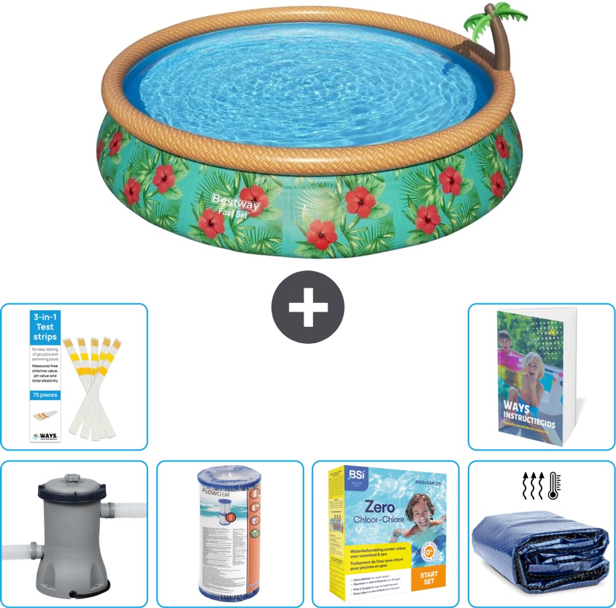 Bestway Rond Opblaasbaar Fast Set Zwembad - Paradijsprint - 457 x 84 cm - Inclusief Pomp - Filter - Onderhoudspakket - Solarzeil - 7-delig