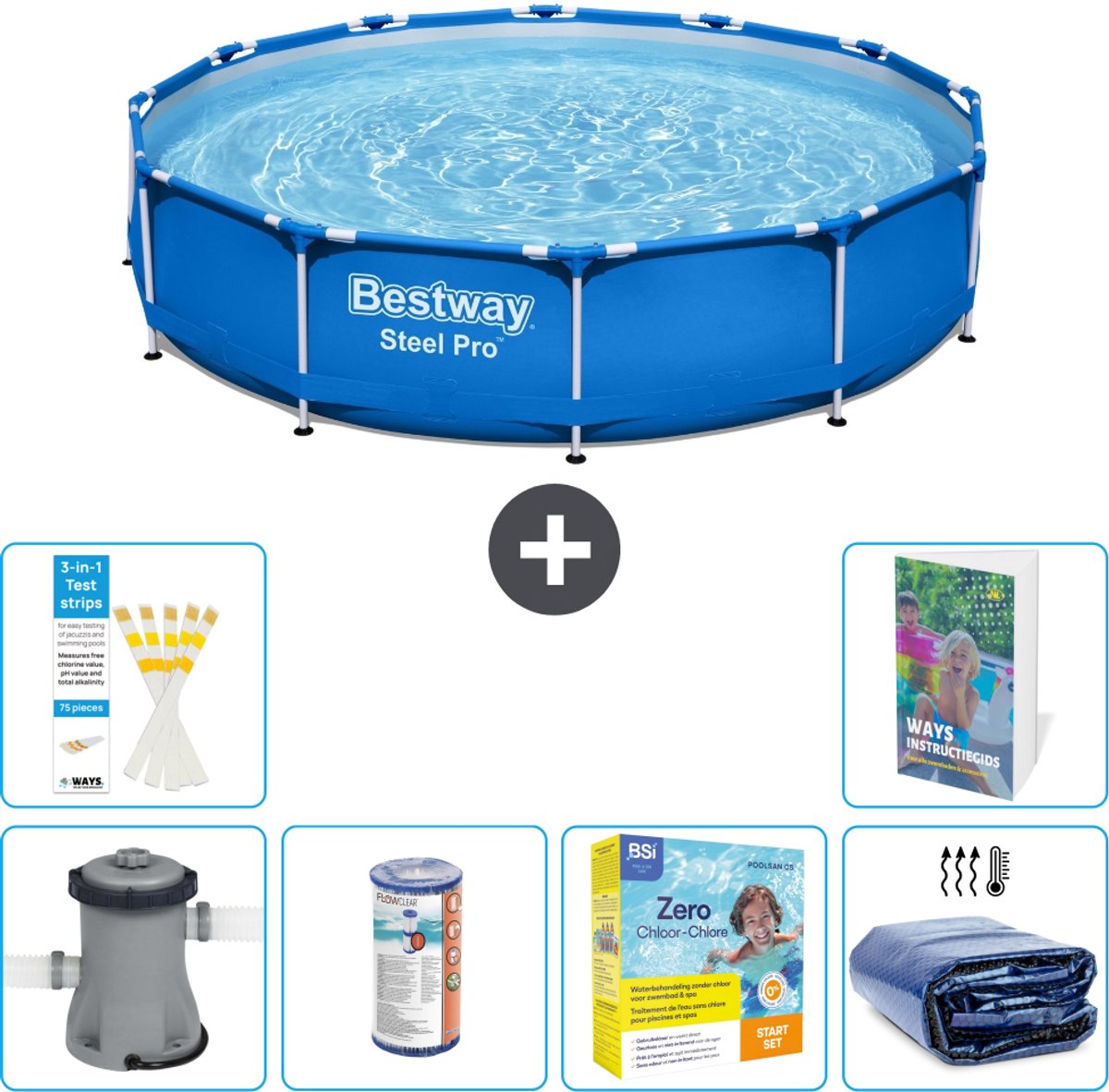 Bestway Rond Steel Pro Zwembad - 366 x 76 cm - Blauw - Inclusief Pomp - Filter - Onderhoudspakket - Solarzeil - 7-delig