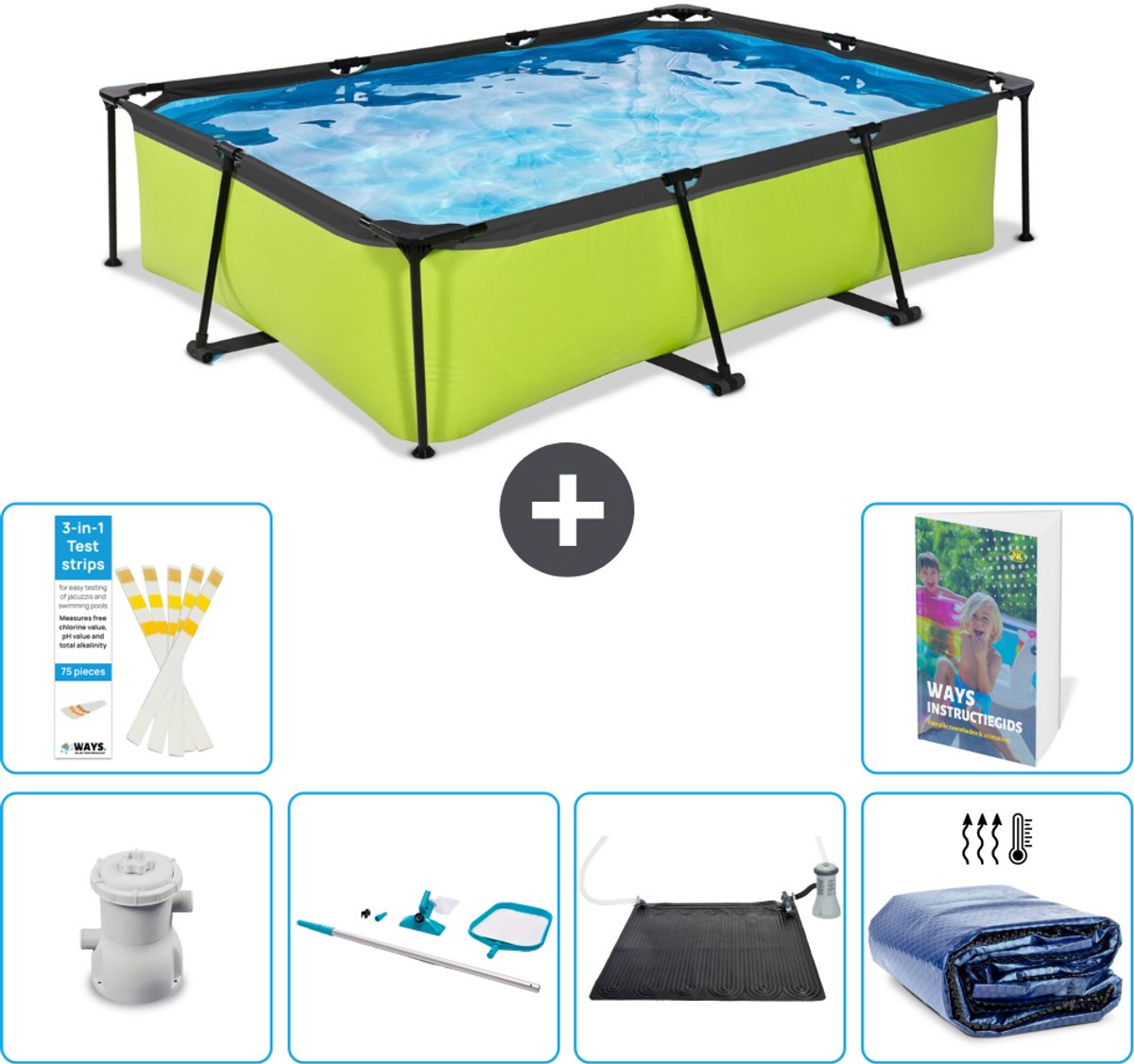 EXIT Rechthoekig Lime Frame Zwembad - 300 x 200 x 65 cm - Inclusief Pomp - Schoonmaakset - Solar Mat - Solarzeil - 7-delig