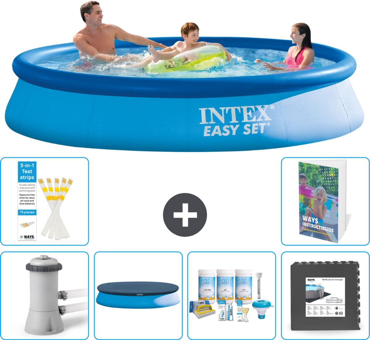 Intex Rond Opblaasbaar Easy Set Zwembad - 366 x 76 cm - Blauw - Inclusief Pomp - Afdekzeil - Onderhoudspakket - Vloertegels - 7-delig