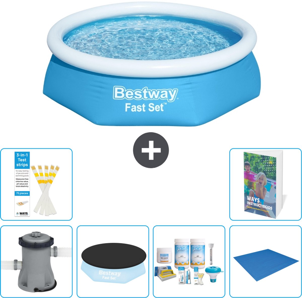 Bestway Rond Opblaasbaar Fast Set Zwembad - 244 x 61 cm - Blauw - Inclusief Pomp - Afdekzeil - Onderhoudspakket - Grondzeil - 7-delig