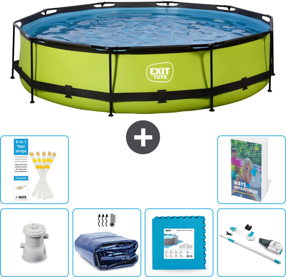 EXIT Rond Lime Frame Zwembad - 360 x 76 cm - Inclusief Pomp - Solarzeil - Vloertegels - Stofzuiger - 7-delig