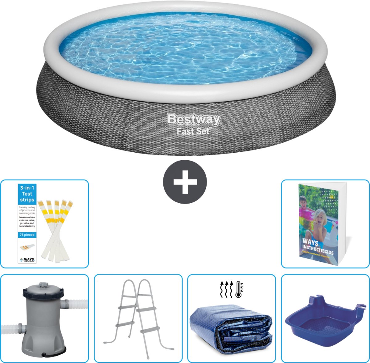 Bestway Rond Opblaasbaar Fast Set Zwembad - Rotanprint - 396 x 84 cm - Inclusief Pomp - Ladder - Solarzeil - Voetenbad - 7-delig