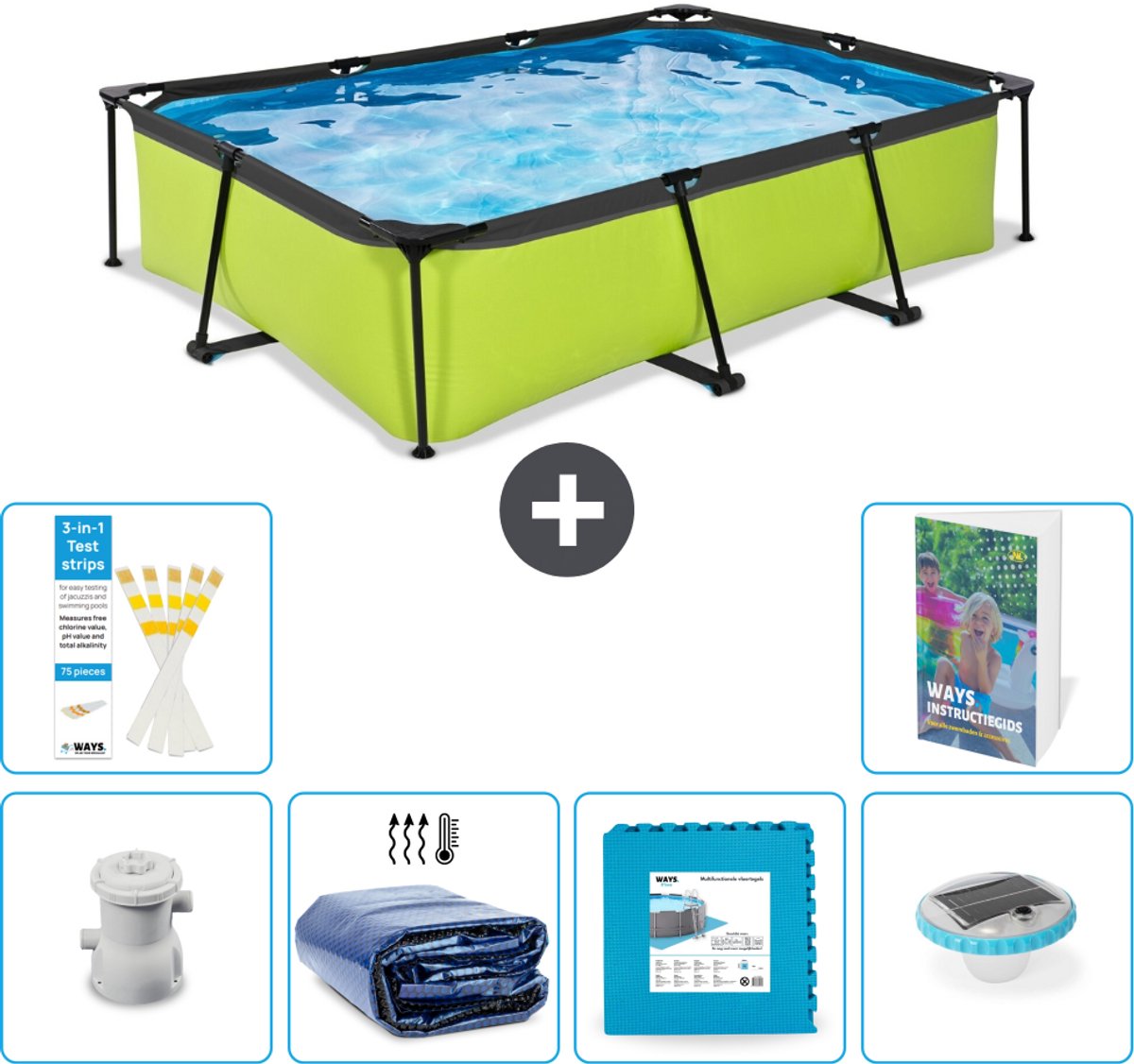 EXIT Rechthoekig Lime Frame Zwembad - 300 x 200 x 65 cm - Inclusief Pomp - Solarzeil - Vloertegels - Verlichting - 7-delig