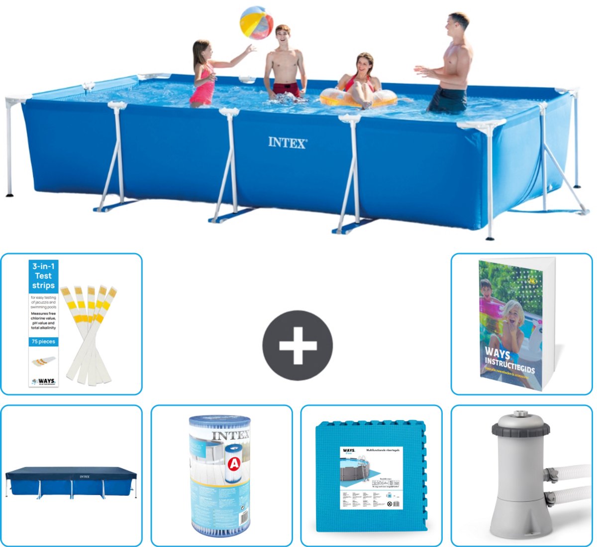 Intex Rechthoekig Frame Zwembad - 450 x 220 x 84 cm - Blauw - Inclusief Afdekzeil - Filter - Vloertegels - Zwembadfilterpomp - 7-delig