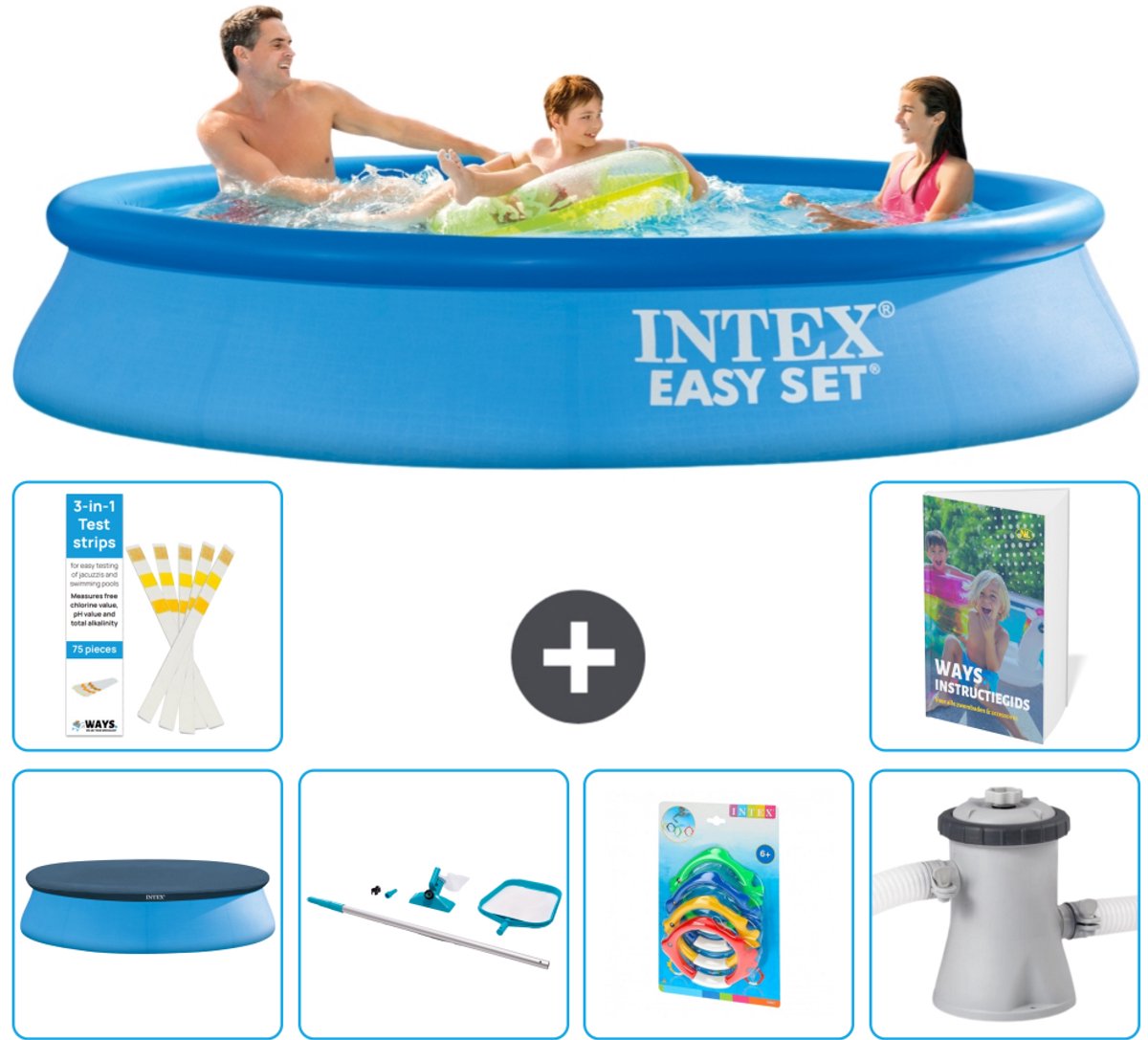 Intex Rond Opblaasbaar Easy Set Zwembad - 305 x 61 cm - Blauw - Inclusief Afdekzeil - Schoonmaakset - Speelgoed - Zwembadfilterpomp - 7-delig