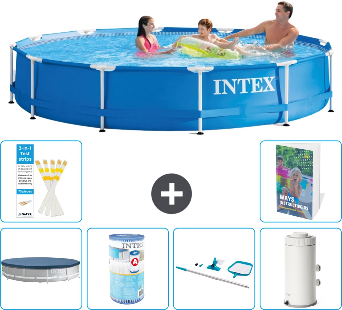 Intex Rond Frame Zwembad - 366 x 76 cm - Blauw - Inclusief Afdekzeil - Filter - Schoonmaakset - Zwembadfilterpomp - 7-delig