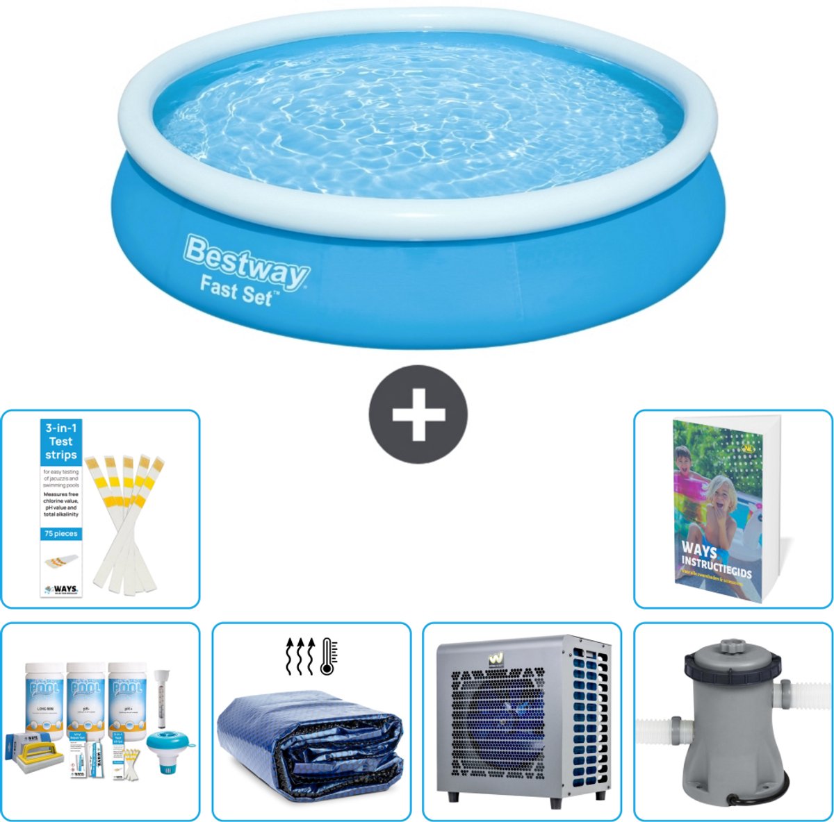 Bestway Rond Opblaasbaar Fast Set Zwembad - 366 x 76 cm - Blauw - Inclusief Onderhoudspakket - Solarzeil - Warmtepomp - Zwembadfilterpomp - 7-delig