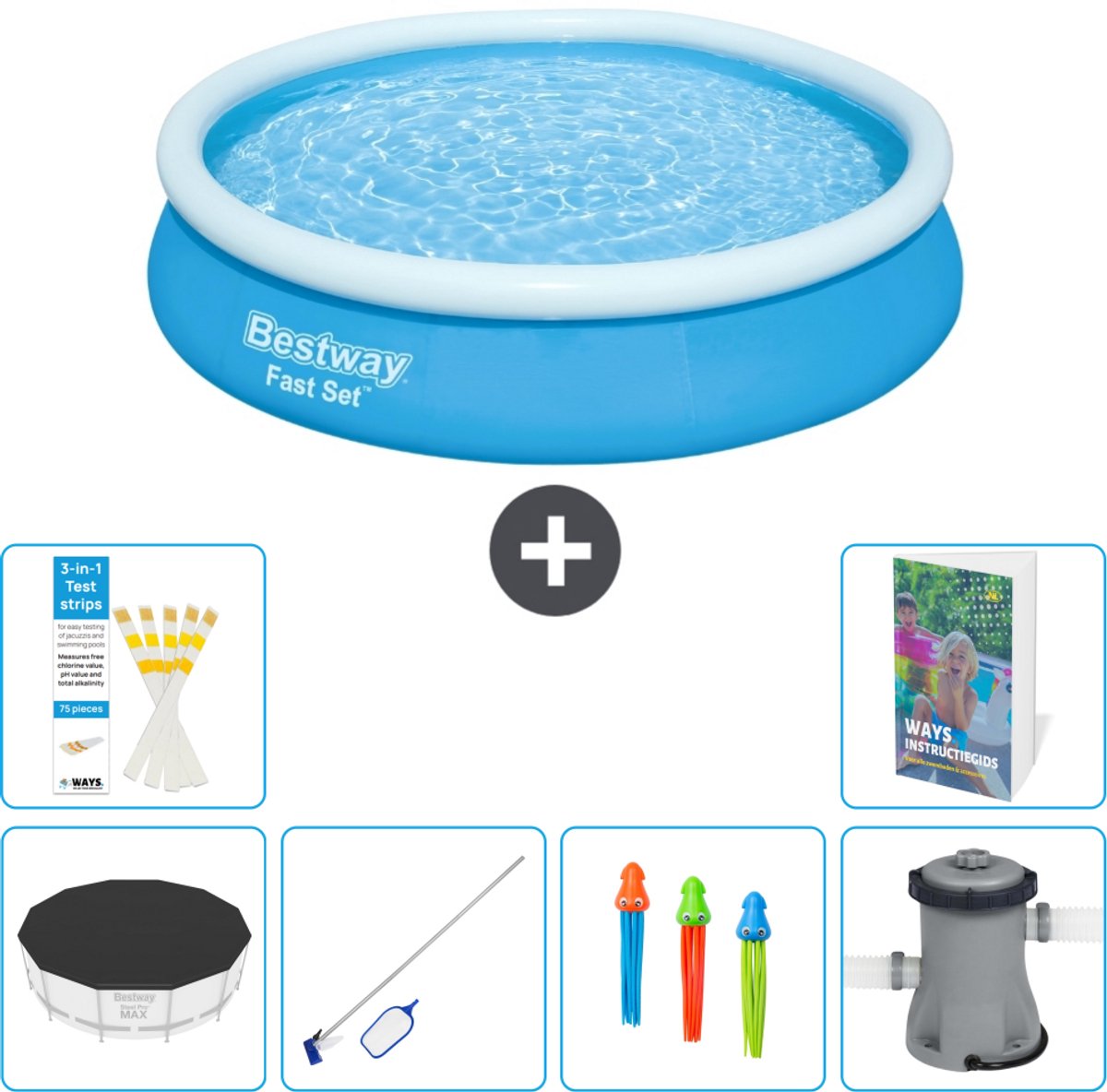 Bestway Rond Opblaasbaar Fast Set Zwembad - 366 x 76 cm - Blauw - Inclusief Afdekzeil - Schoonmaakset - Speelgoed - Zwembadfilterpomp - 7-delig