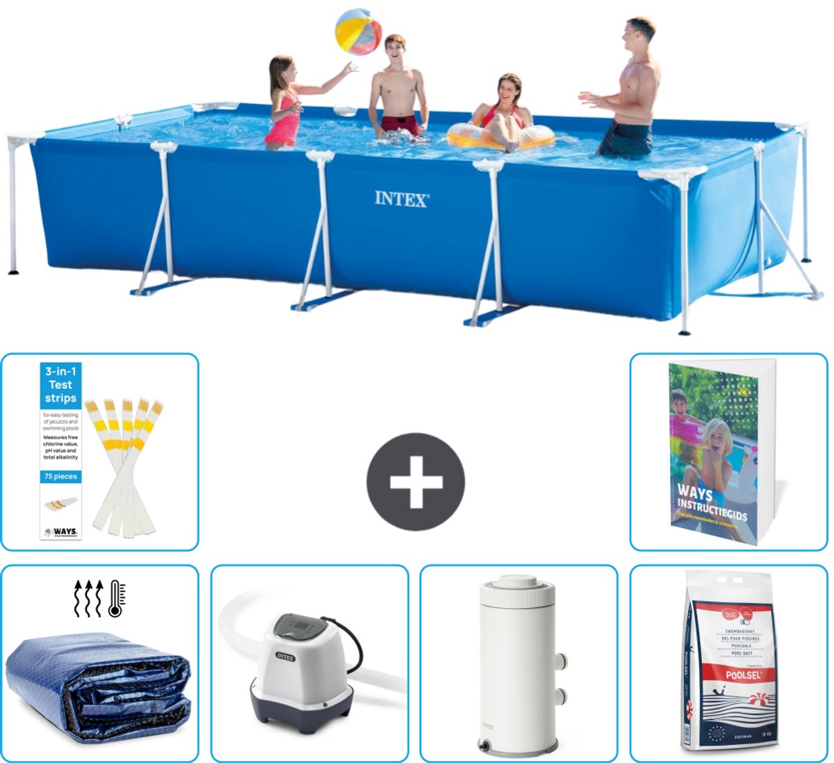 Intex Rechthoekig Frame Zwembad - 450 x 220 x 84 cm - Blauw - Inclusief Solarzeil - Zoutwatersysteem - Zwembadfilterpomp - Zwembadzout - 7-delig