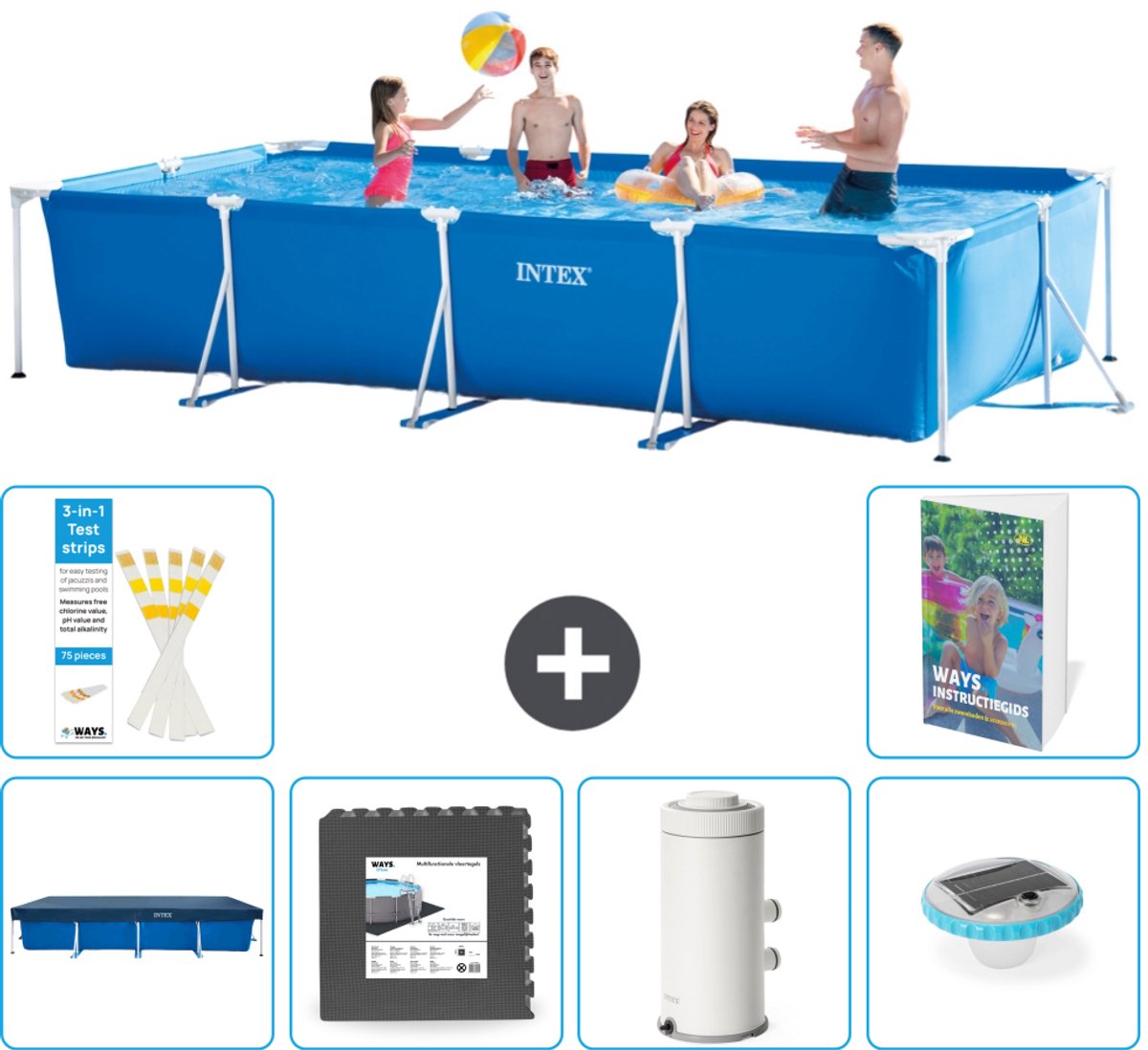 Intex Rechthoekig Frame Zwembad - 450 x 220 x 84 cm - Blauw - Inclusief Afdekzeil - Vloertegels - Zwembadfilterpomp - Verlichting - 7-delig