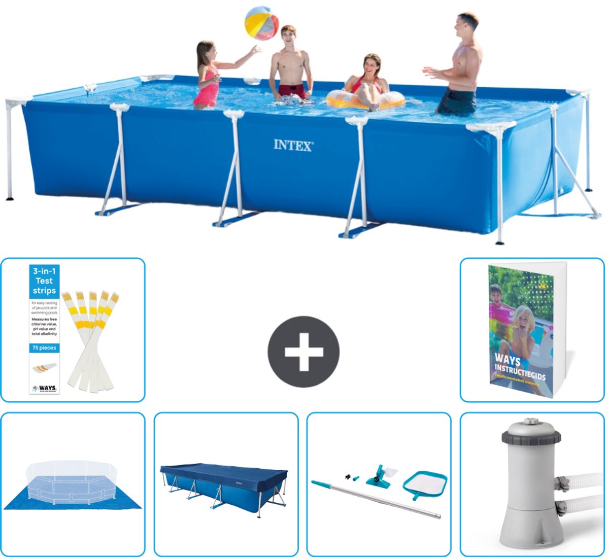 Intex Rechthoekig Frame Zwembad - 450 x 220 x 84 cm - Blauw - Inclusief Grondzeil - Afdekzeil - Schoonmaakset - Zwembadfilterpomp - 7-delig