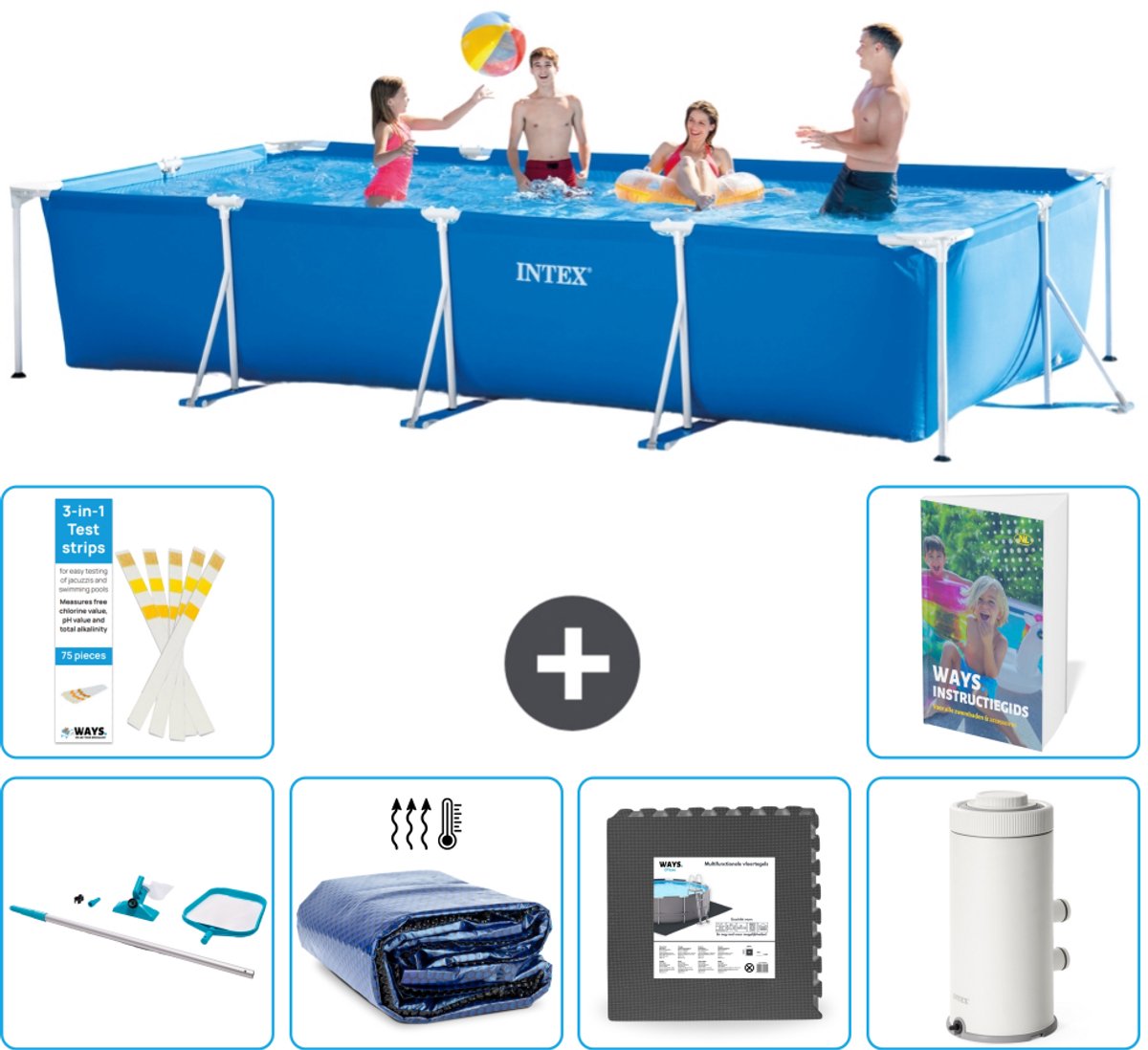 Intex Rechthoekig Frame Zwembad - 450 x 220 x 84 cm - Blauw - Inclusief Schoonmaakset - Solarzeil - Vloertegels - Zwembadfilterpomp - 7-delig