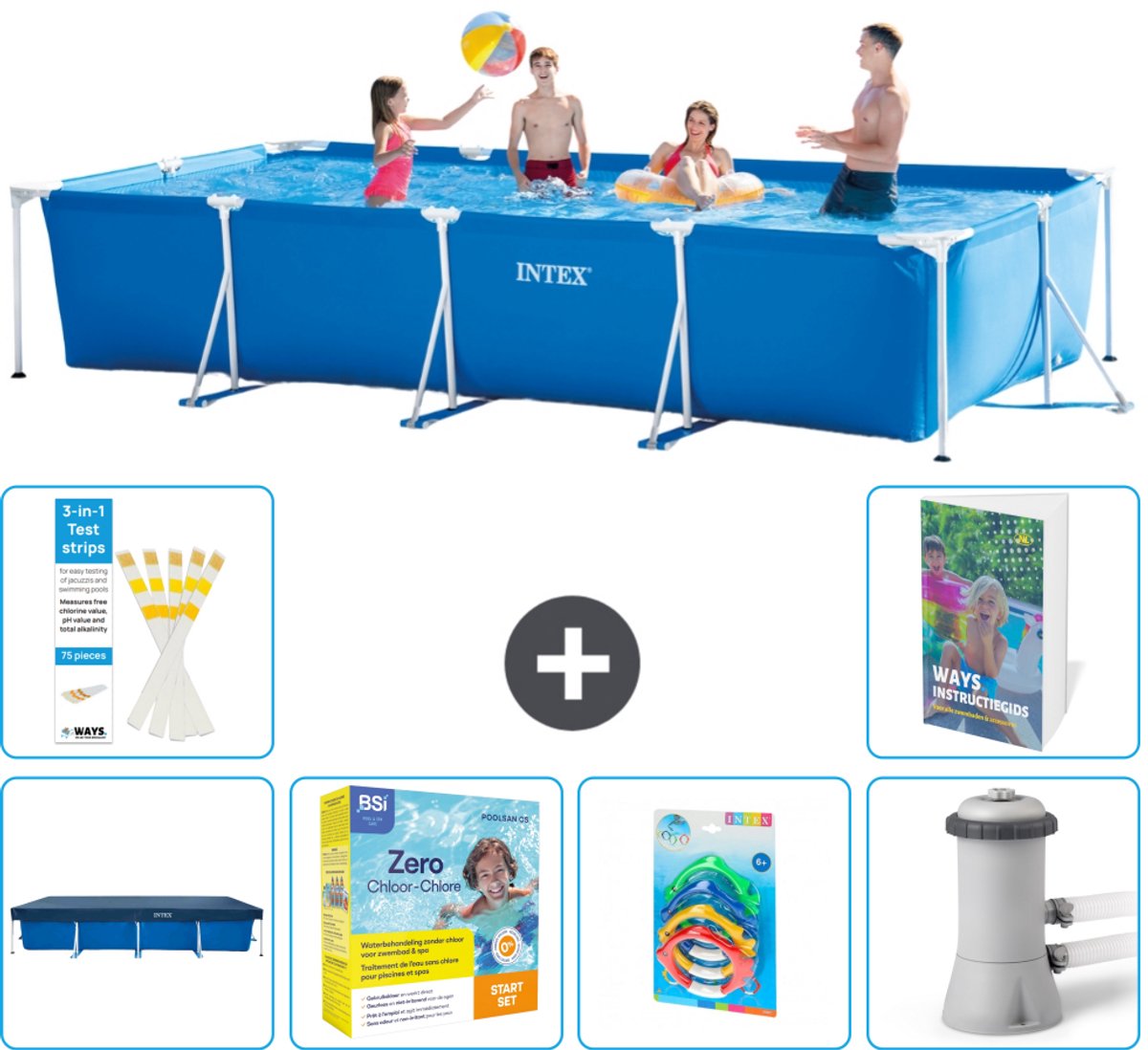 Intex Rechthoekig Frame Zwembad - 450 x 220 x 84 cm - Blauw - Inclusief Afdekzeil - Onderhoudspakket - Speelgoed - Zwembadfilterpomp - 7-delig