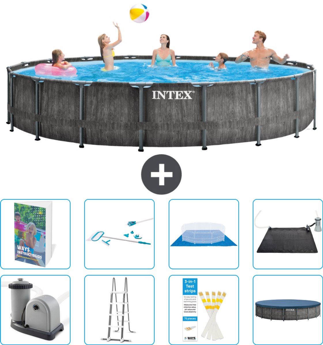Intex Rond Prism Frame Greywood Zwembad - 549 x 122 cm - Inclusief Pomp - Ladder - Grondzeil - Afdekzeil - Schoonmaakset - Solar Mat - 9-delig
