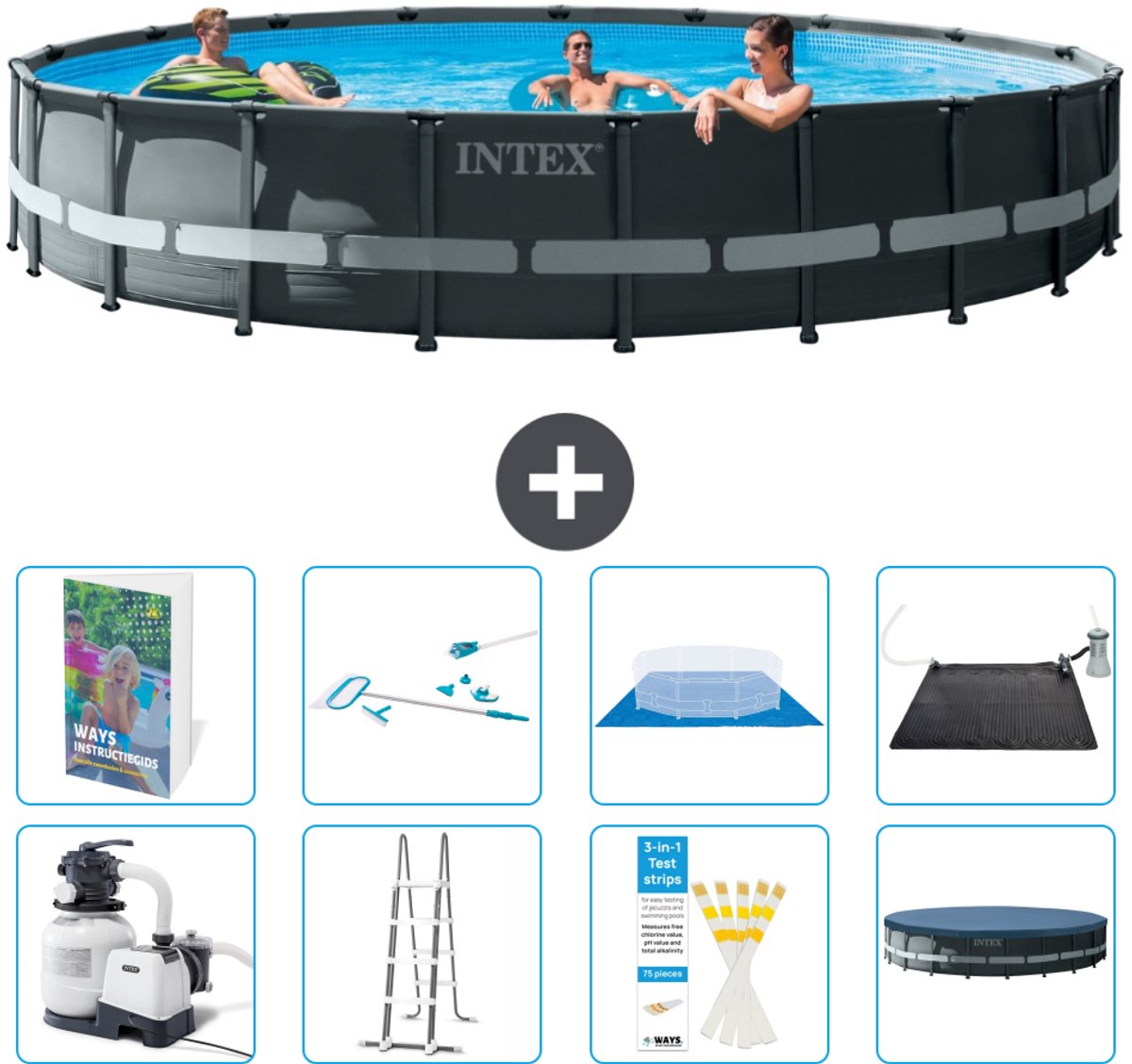 Intex Rond Ultra XTR Frame Zwembad - 610 x 122 cm - Inclusief Pomp - Ladder - Grondzeil - Afdekzeil - Schoonmaakset - Solar Mat - 9-delig