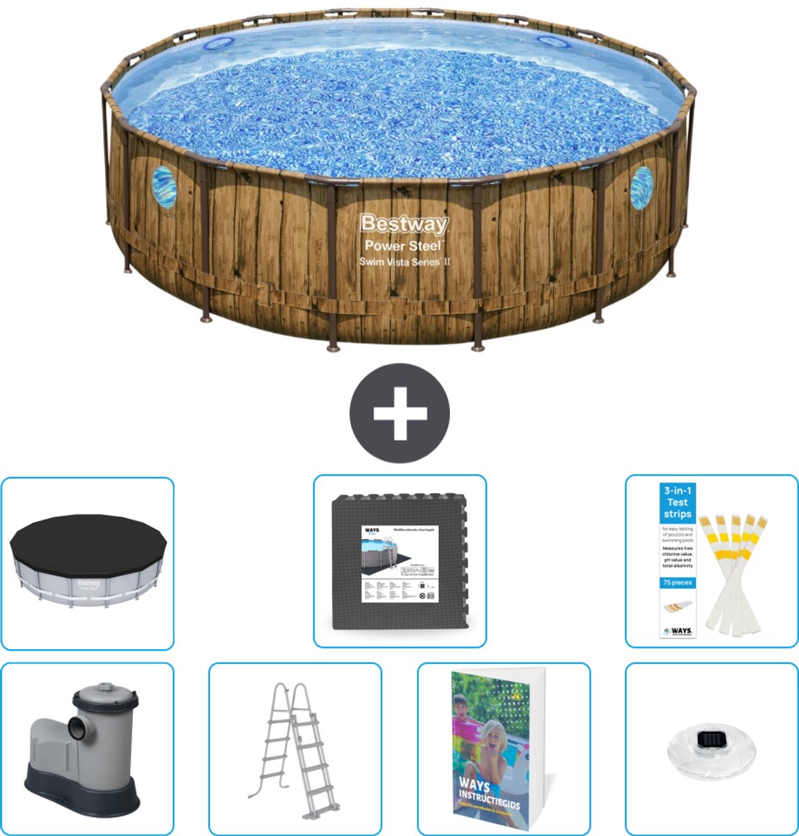 Bestway Rond Power Steel Swim Vista Zwembad - Houtprint - 488 x 122 - Inclusief Pomp - Ladder - Afdekzeil - Vloertegels - Verlichting - 8-delig