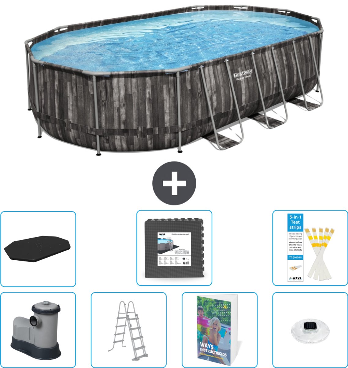 Bestway Ovaal Power Steel Zwembad - 610 x 366 x 122 - Grijs - Inclusief Pomp - Ladder - Afdekzeil - Vloertegels - Verlichting - 8-delig
