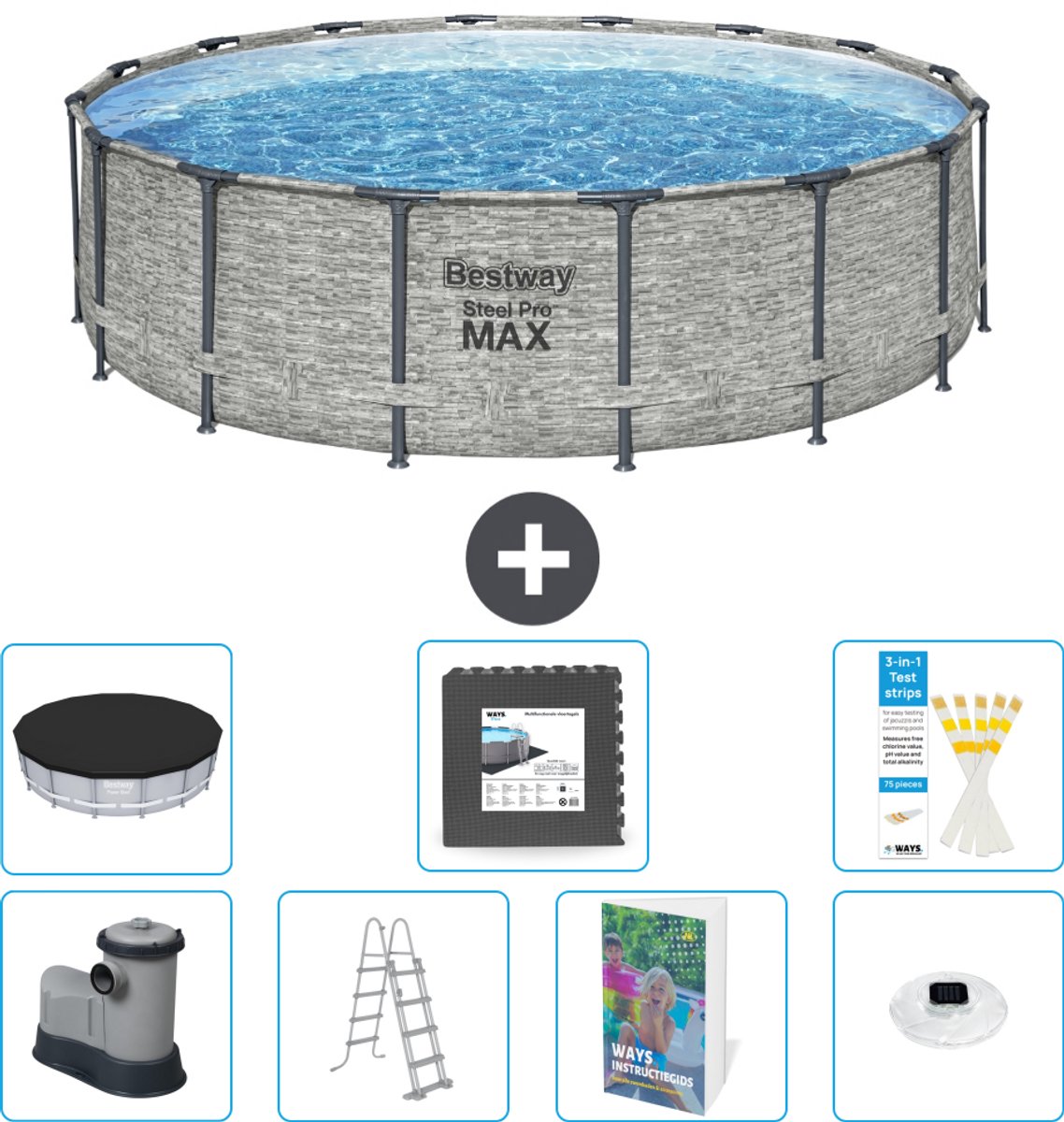 Bestway Rond Steel Pro MAX Zwembad - Steenprint - 488 x 122 cm - Inclusief Pomp - Ladder - Afdekzeil - Vloertegels - Verlichting - 8-delig