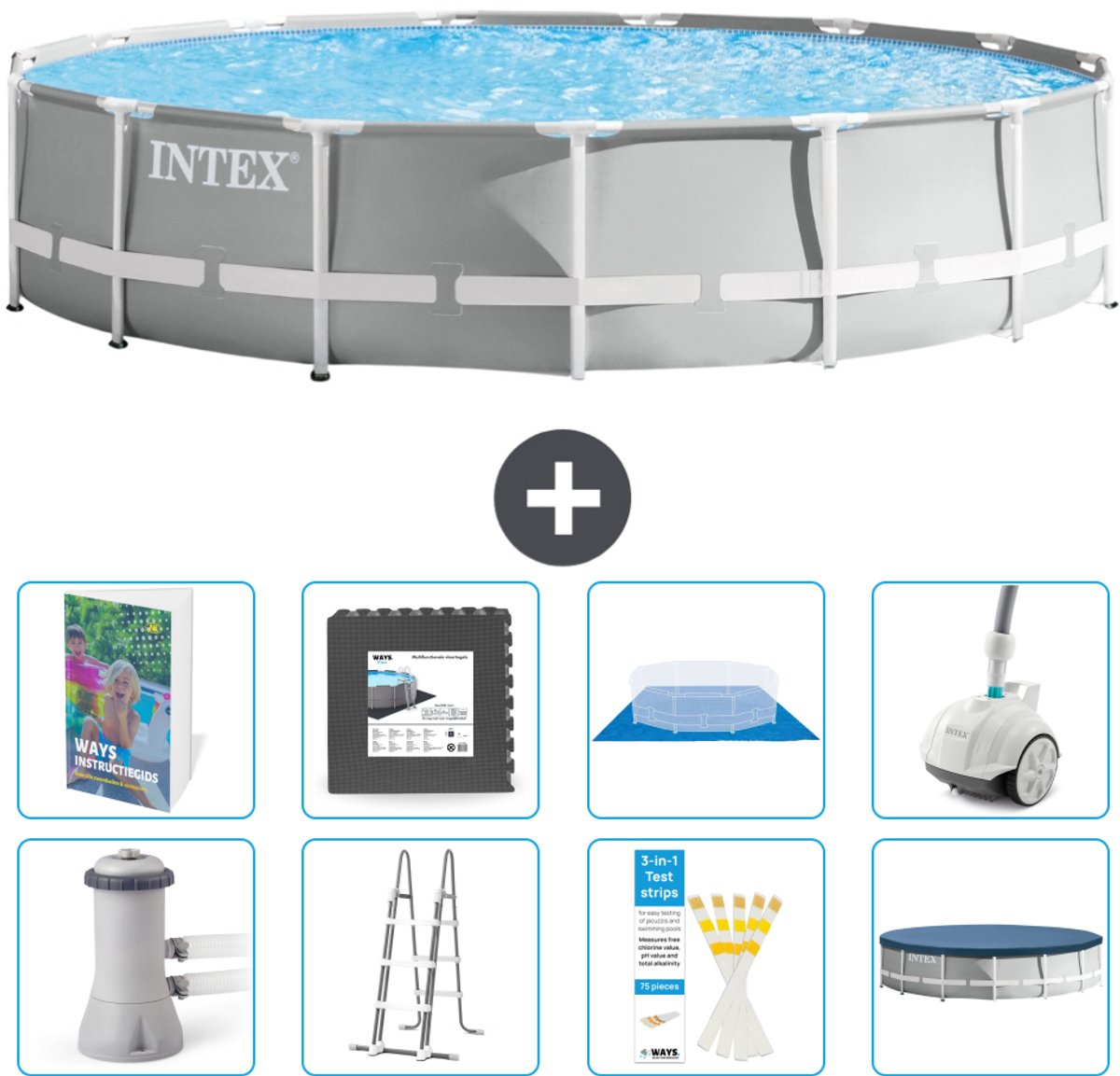 Intex Rond Prism Frame Zwembad - 457 x 107 cm - Grijs - Inclusief Pomp - Ladder - Grondzeil - Afdekzeil - Vloertegels - Stofzuiger - 9-delig