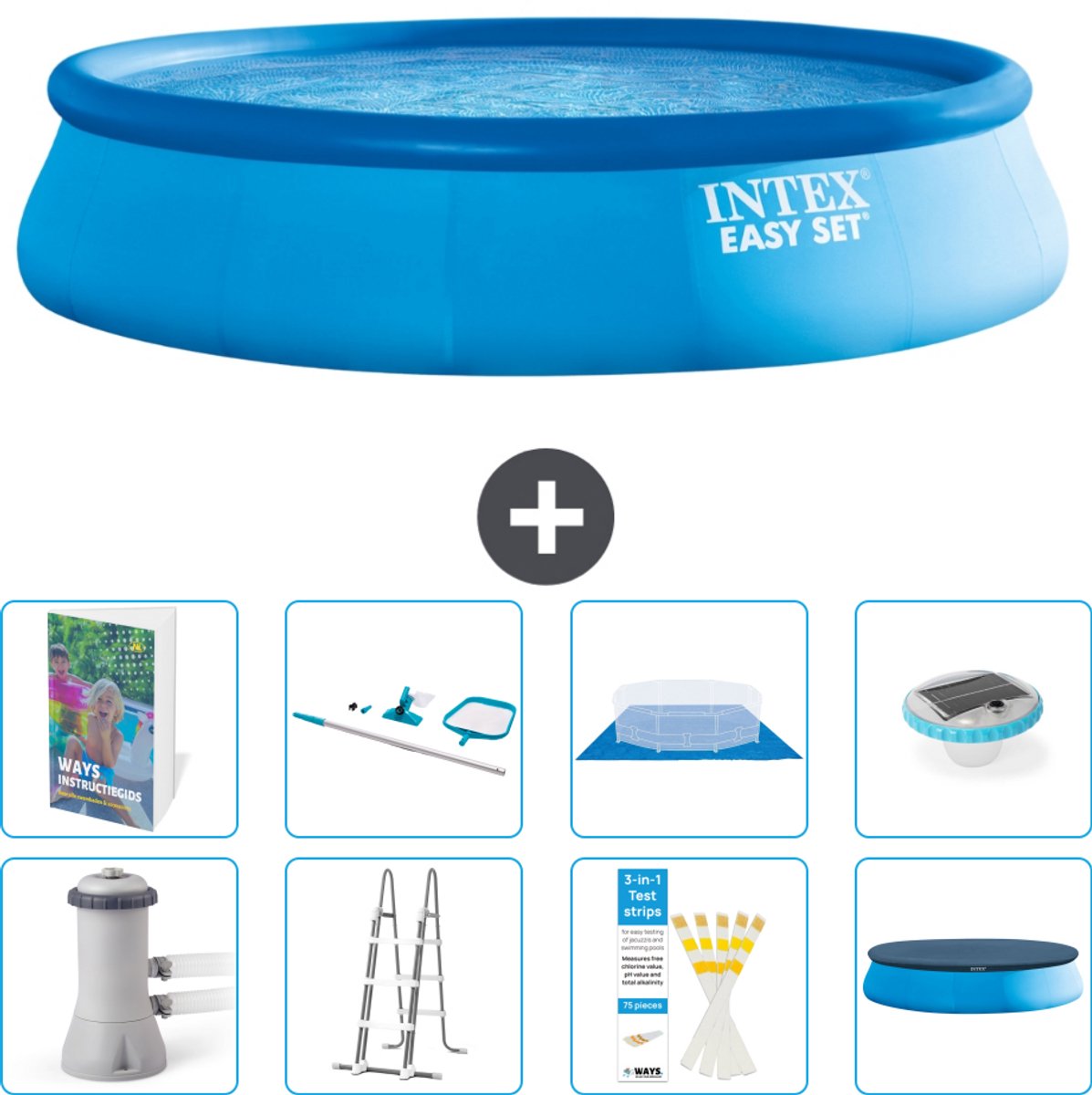 Intex Rond Opblaasbaar Easy Set Zwembad - 457 x 107 cm - Blauw - Inclusief Pomp - Ladder - Grondzeil - Afdekzeil - Schoonmaakset - Verlichting - 9-delig