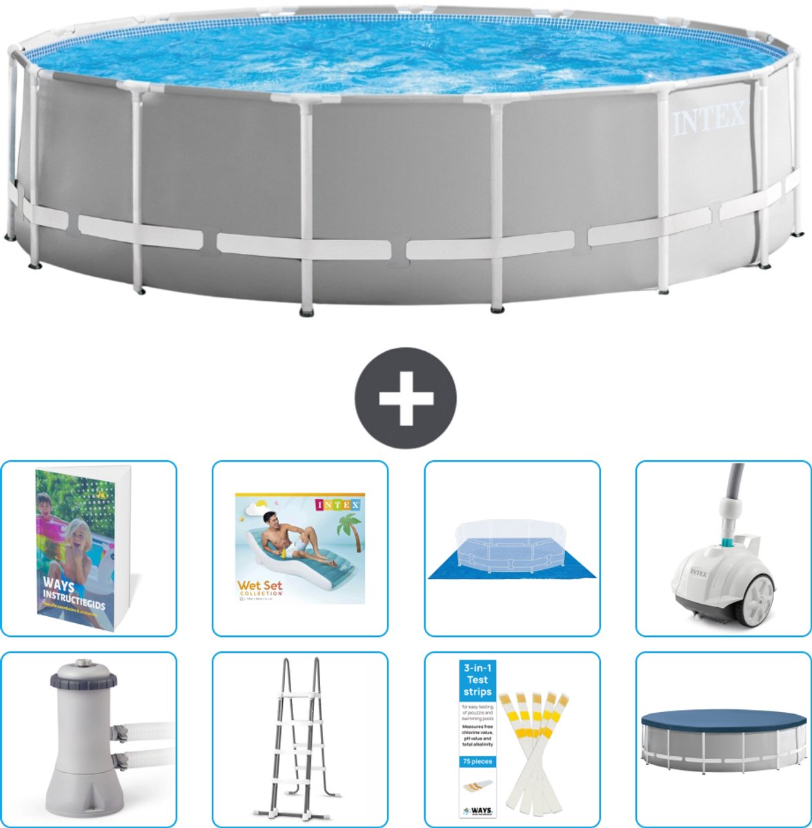 Intex Rond Prism Frame Zwembad - 457 x 122 cm - Grijs - Inclusief Pomp - Ladder - Grondzeil - Afdekzeil - Loungebed - Stofzuiger - 9-delig