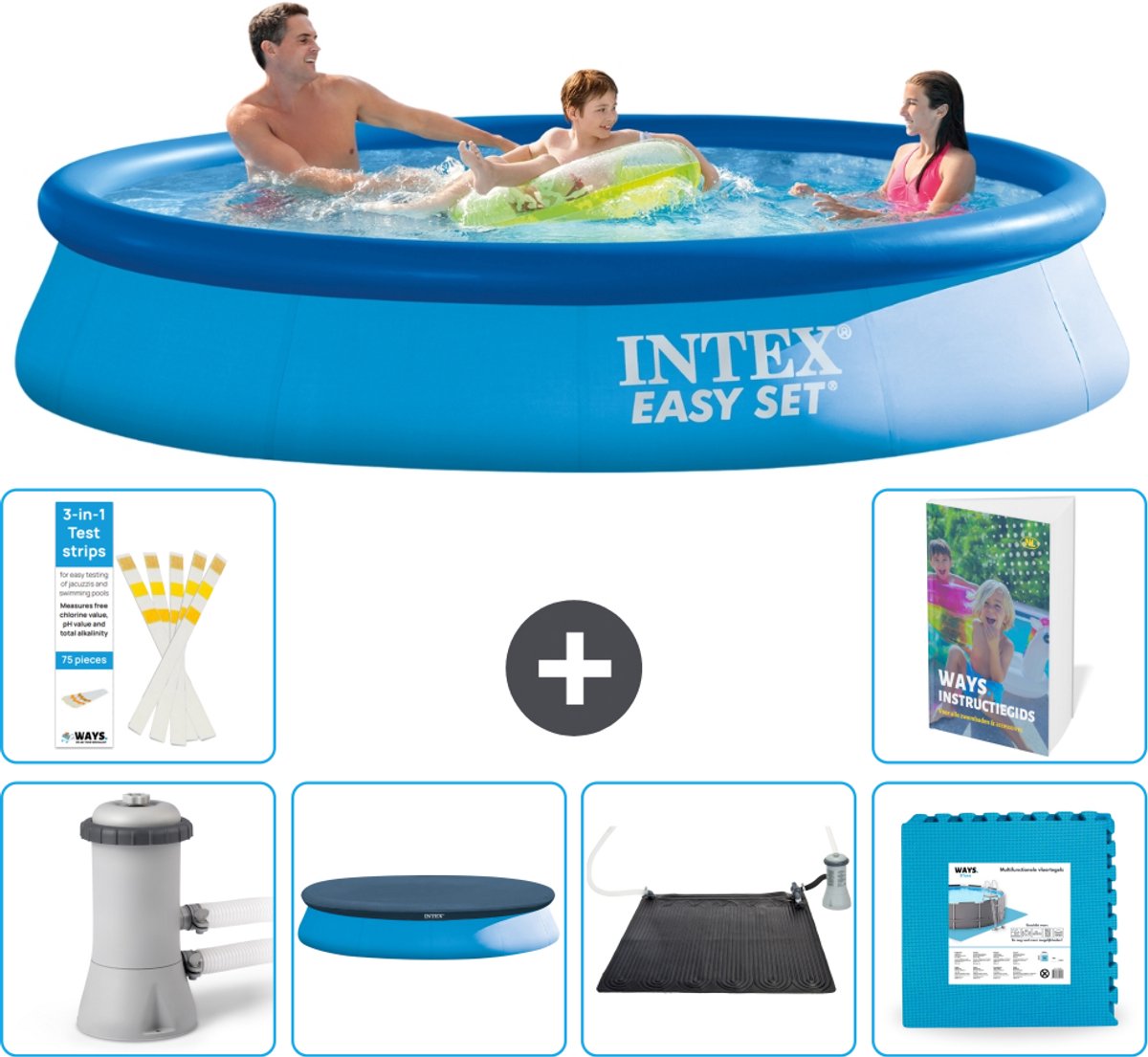 Intex Rond Opblaasbaar Easy Set Zwembad - 366 x 76 cm - Blauw - Inclusief Pomp - Afdekzeil - Solar Mat - Vloertegels - 7-delig