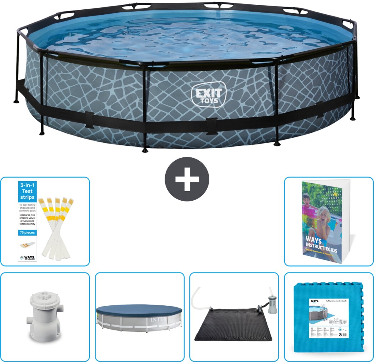EXIT Rond Stone Frame Zwembad - 360 x 76 cm - Inclusief Pomp - Afdekzeil - Solar Mat - Vloertegels - 7-delig