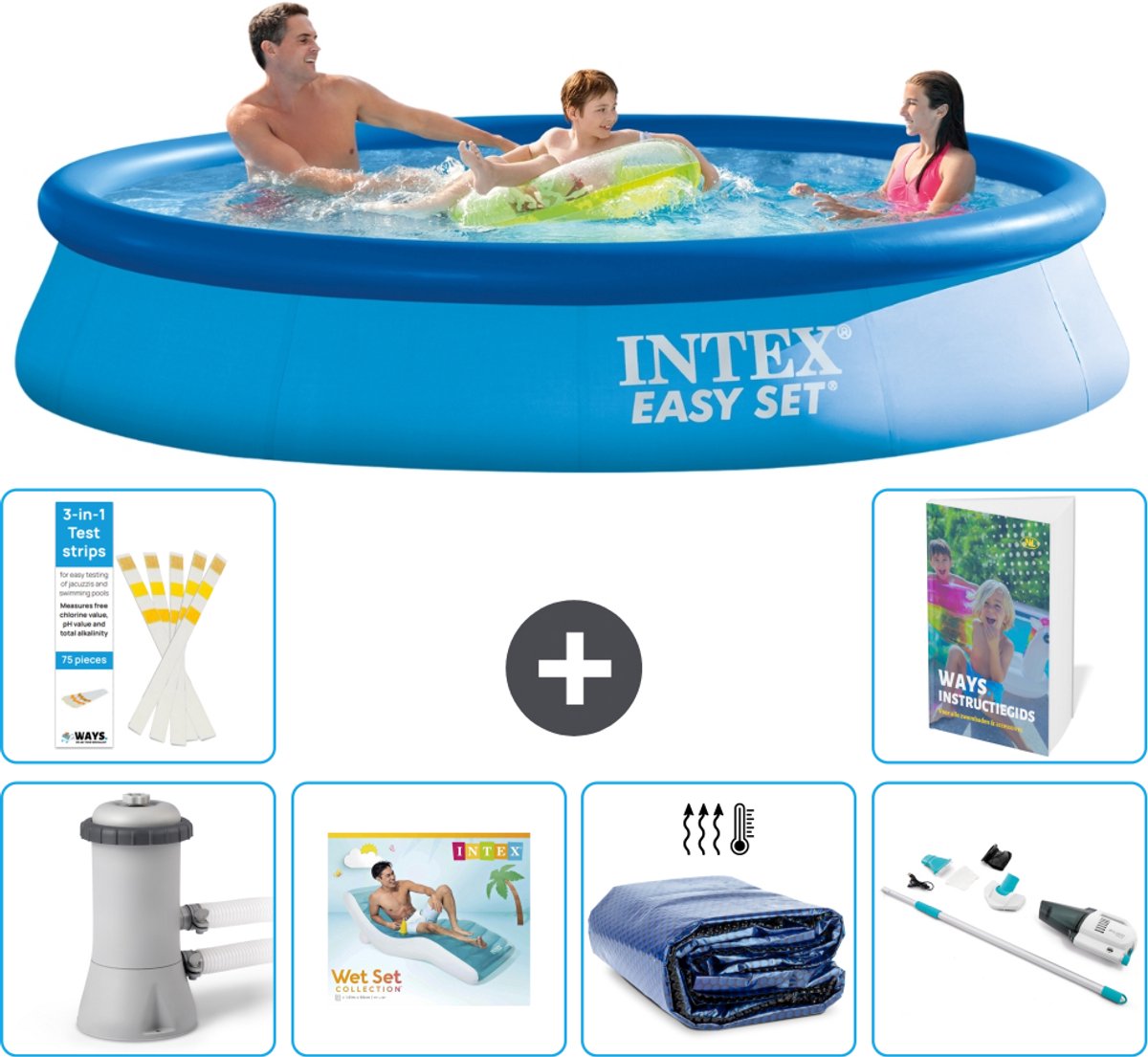 Intex Rond Opblaasbaar Easy Set Zwembad - 366 x 76 cm - Blauw - Inclusief Pomp - Loungebed - Solarzeil - Stofzuiger - 7-delig
