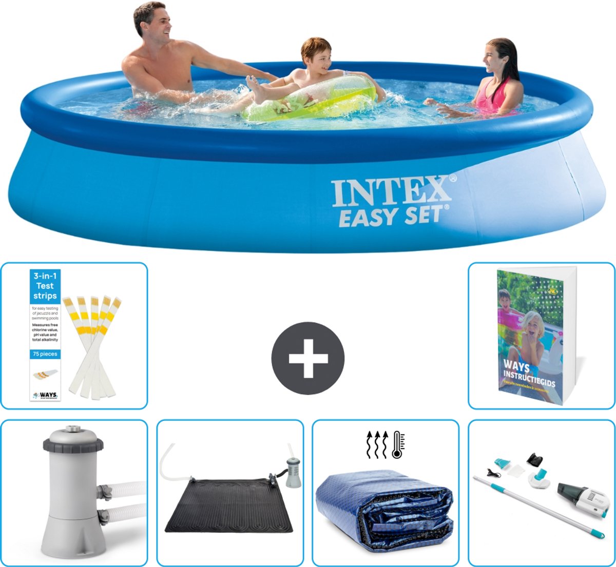 Intex Rond Opblaasbaar Easy Set Zwembad - 366 x 76 cm - Blauw - Inclusief Pomp - Solar Mat - Solarzeil - Stofzuiger - 7-delig