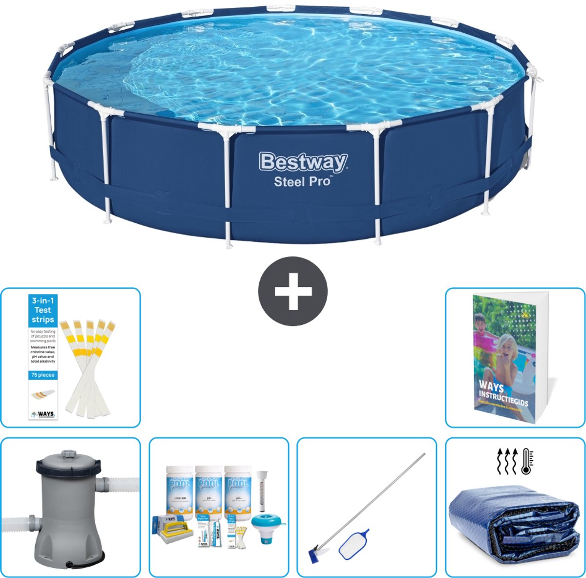 Bestway Rond Steel Pro Zwembad - 396 x 84 cm - Blauw - Inclusief Pomp - Onderhoudspakket - Schoonmaakset - Solarzeil - 7-delig
