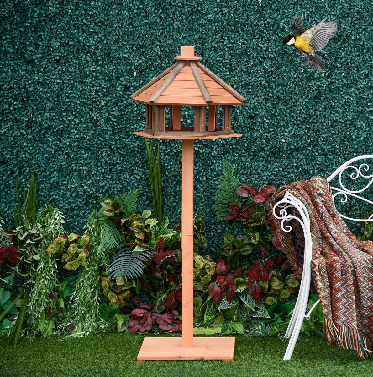 REDOM Vogelvoederplek - Vogelhuis op paal met vierzijdig dak - Stabiele vierkante basis - Hout - Natuurlijk - Tuin en achtertuin - 52 x 52 x 130 cm