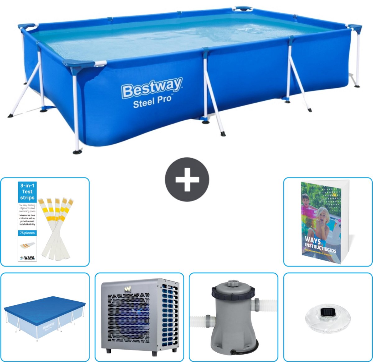 Bestway Rechthoekig Steel Pro Zwembad - 300 x 201 x 66 cm - Blauw - Inclusief Afdekzeil - Warmtepomp - Zwembadfilterpomp - Verlichting - 7-delig