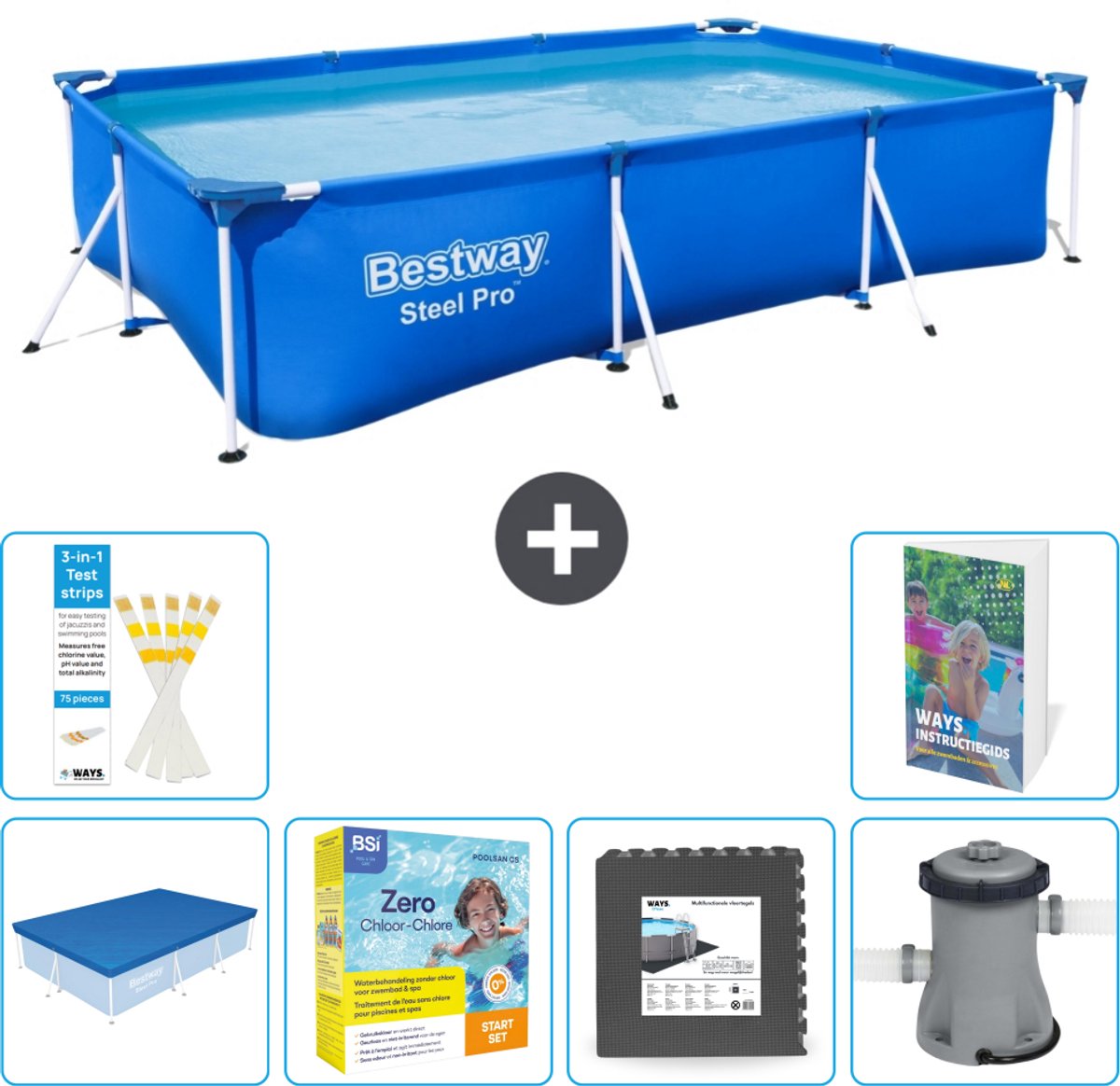 Bestway Rechthoekig Steel Pro Zwembad - 300 x 201 x 66 cm - Blauw - Inclusief Afdekzeil - Onderhoudspakket - Vloertegels - Zwembadfilterpomp - 7-delig