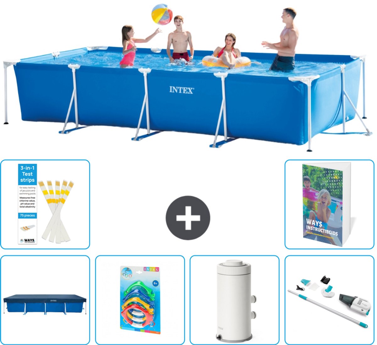 Intex Rechthoekig Frame Zwembad - 450 x 220 x 84 cm - Blauw - Inclusief Afdekzeil - Speelgoed - Zwembadfilterpomp - Stofzuiger - 7-delig