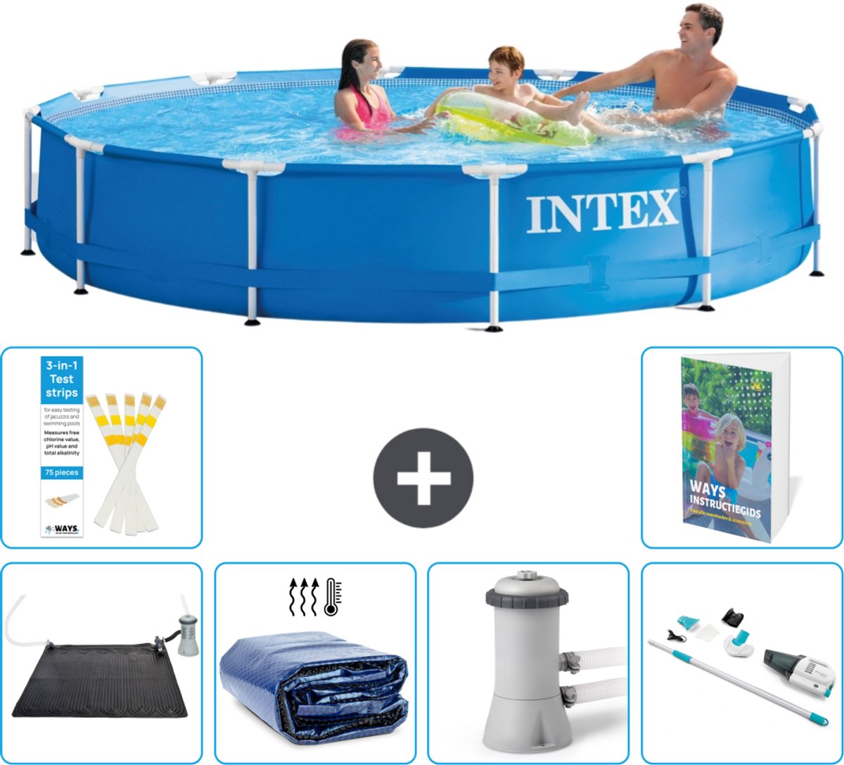 Intex Rond Frame Zwembad - 366 x 76 cm - Blauw - Inclusief Solar Mat - Solarzeil - Zwembadfilterpomp - Stofzuiger - 7-delig