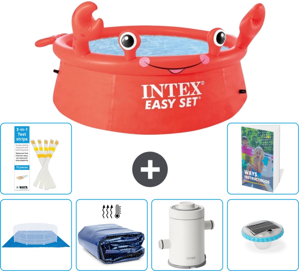 Intex Rond Opblaasbaar Easy Set Zwembad - 183 x 51 cm - Rood - Krab - Inclusief Grondzeil - Solarzeil - Zwembadfilterpomp - Verlichting - 7-delig