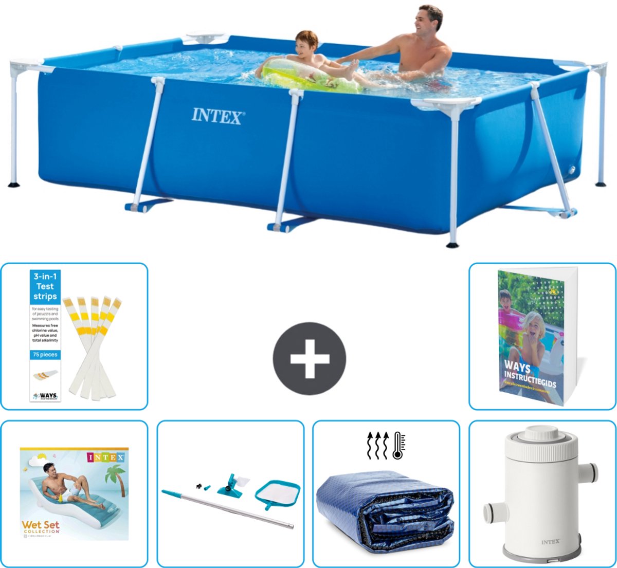 Intex Rechthoekig Frame Zwembad - 260 x 160 x 65 cm - Blauw - Inclusief Loungebed - Schoonmaakset - Solarzeil - Zwembadfilterpomp - 7-delig