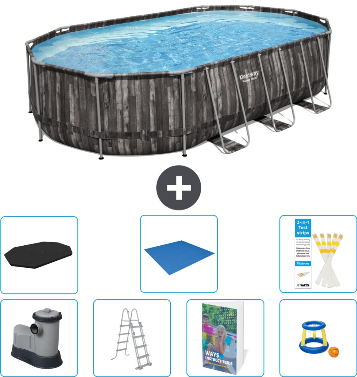 Bestway Ovaal Power Steel Zwembad - 610 x 366 x 122 - Grijs - Inclusief Pomp - Ladder - Afdekzeil - Grondzeil - Speelgoed - 8-delig