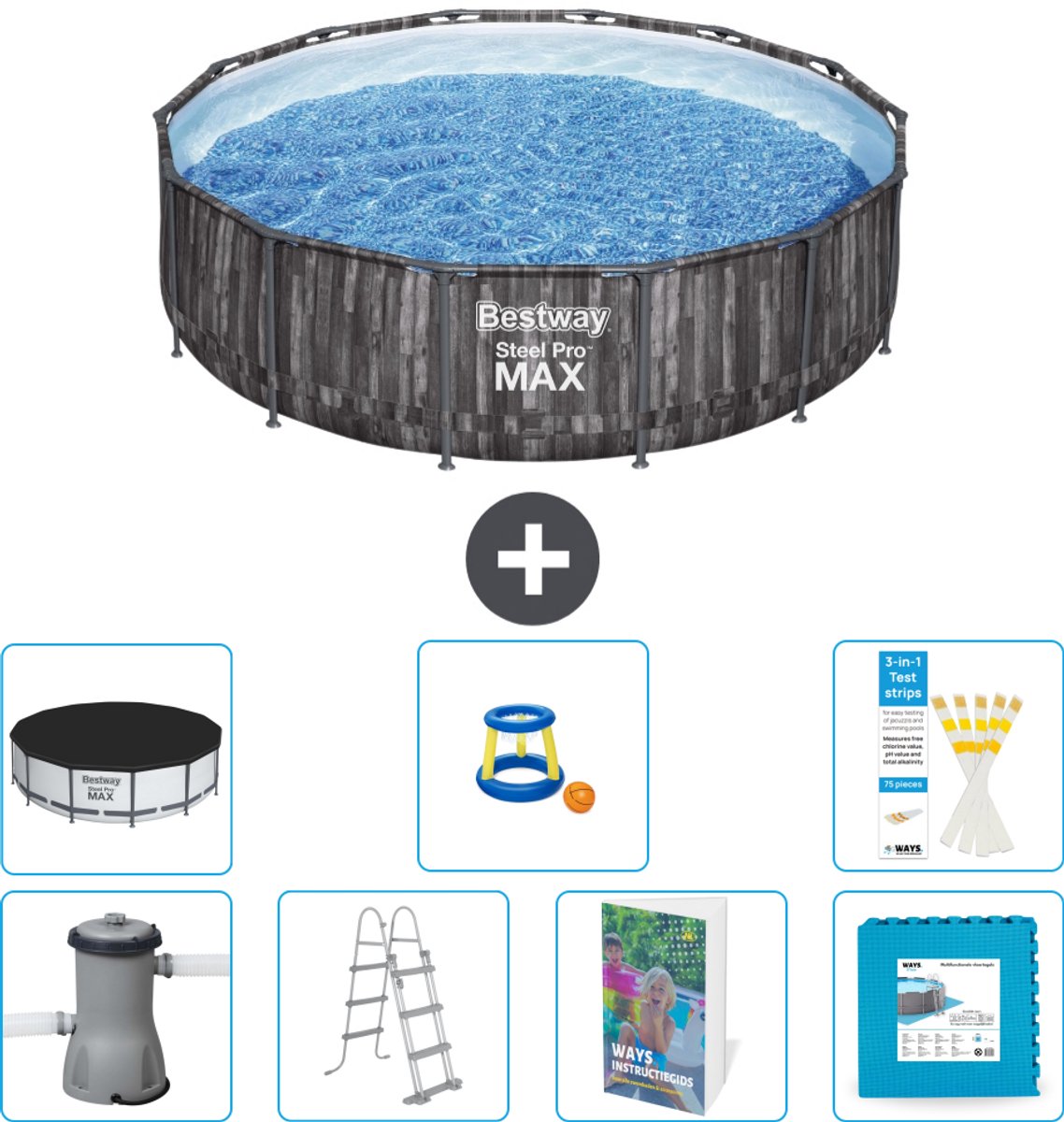 Bestway Rond Steel Pro MAX Zwembad - Houtprint - 427 x 107 cm - Inclusief Pomp - Ladder - Afdekzeil - Speelgoed - Vloertegels - 8-delig