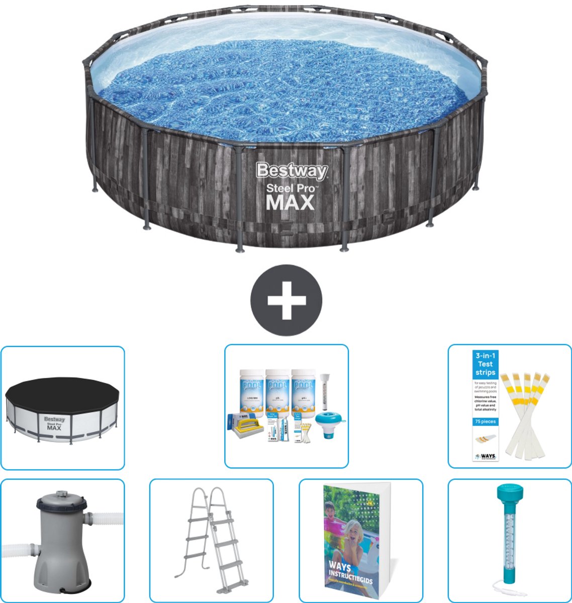 Bestway Rond Steel Pro MAX Zwembad - Houtprint - 427 x 107 cm - Inclusief Pomp - Ladder - Afdekzeil - Onderhoudspakket - Thermometer - 8-delig