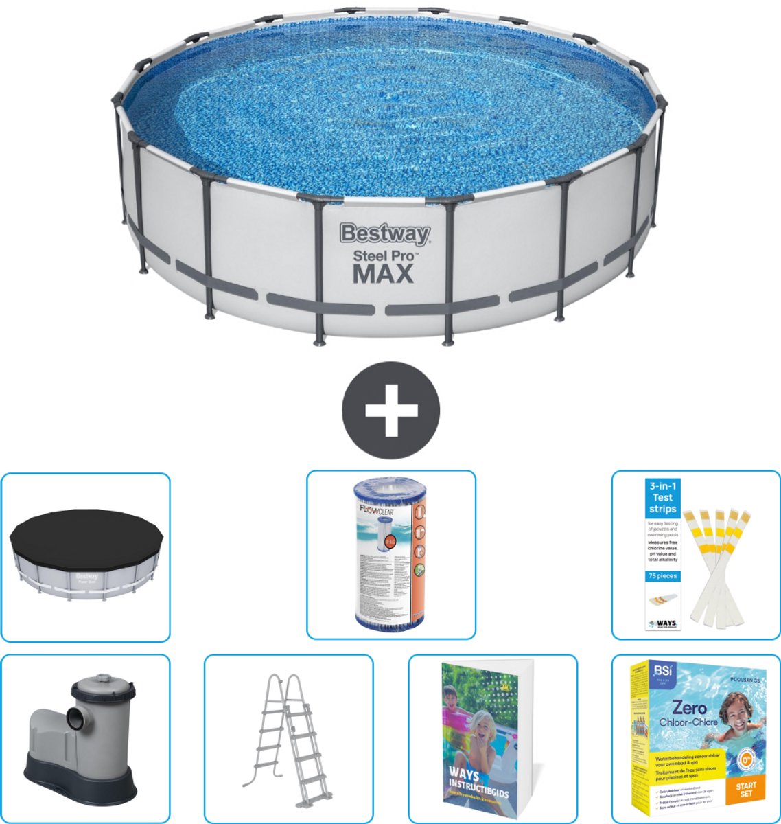 Bestway Rond Steel Pro MAX Zwembad - 488 x 122 cm - Grijs - Inclusief Pomp - Ladder - Afdekzeil - Filter - Onderhoudspakket - 8-delig