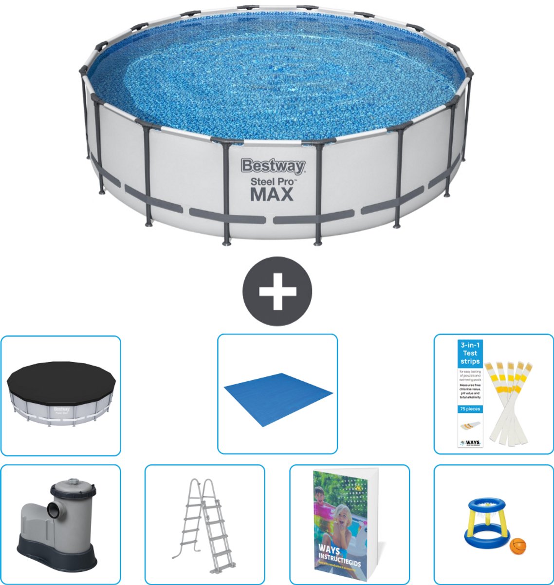 Bestway Rond Steel Pro MAX Zwembad - 488 x 122 cm - Grijs - Inclusief Pomp - Ladder - Afdekzeil - Grondzeil - Speelgoed - 8-delig