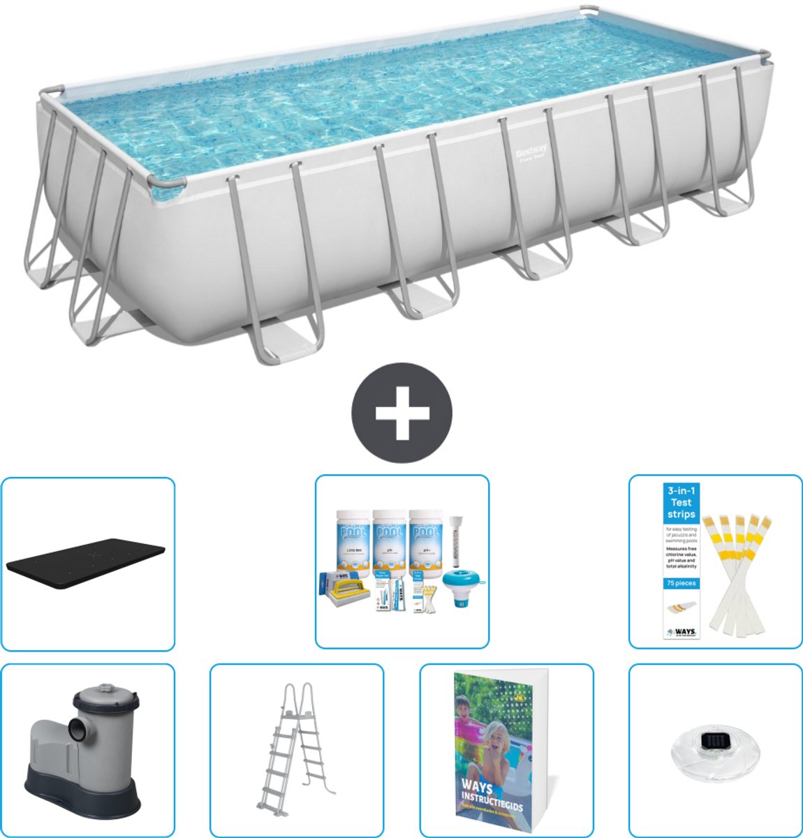 Bestway Rechthoekig Power Steel Zwembad - 640 x 274 x 132 - Grijs - Inclusief Pomp - Ladder - Afdekzeil - Onderhoudspakket - Verlichting - 8-delig