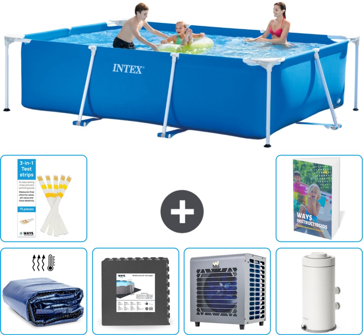 Intex Rechthoekig Frame Zwembad - 300 x 200 x 75 cm - Blauw - Inclusief Solarzeil - Vloertegels - Warmtepomp - Zwembadfilterpomp - 7-delig