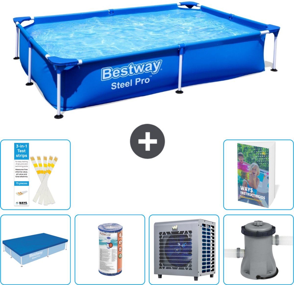 Bestway Rechthoekig Steel Pro Zwembad - 221 x 150 x 43 cm - Blauw - Inclusief Afdekzeil - Filter - Warmtepomp - Zwembadfilterpomp - 7-delig